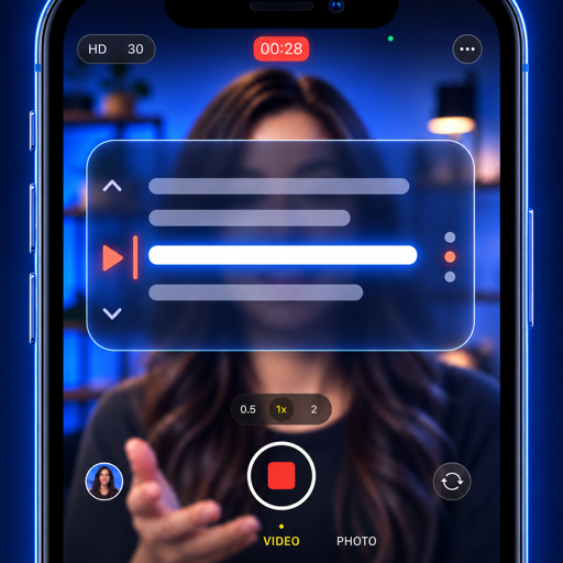 GlideCue app icon showing a floating teleprompter over the iPhone camera
